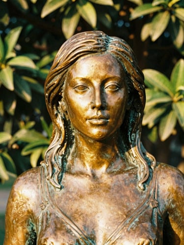A warm golden-hour close-up of the Eliza Tibbets bronze statue in Riverside, highlighting the rich metallic texture and green citrus leaves in the background, 35mm film texture.