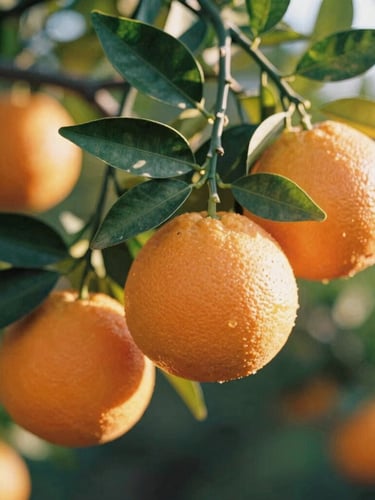 Close-up of ripe navel oranges hanging from branches with vibrant green leaves, warm sun-drenched backlight, shallow depth of field, 35mm film texture.