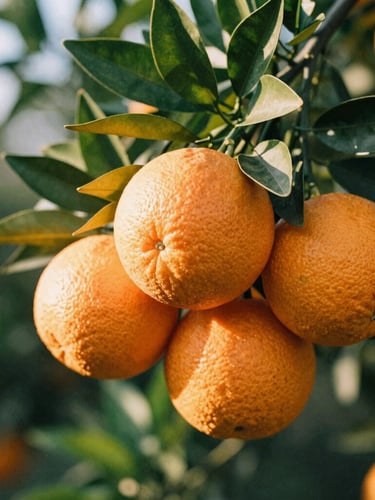 A close-up of sun-drenched navel oranges hanging from a branch with lush green leaves, golden hour light, 35mm film texture