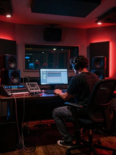 Gritty urban photography of a music producer in a dark Coyoacán recording booth under dramatic neon red lighting, low-key high-contrast, wide-angle cinematic lens