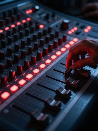 Close-up of an analog mixing console with glowing red LEDs, hands adjusting a fader, moody shadows, high-contrast dark tones, cinematic lens.