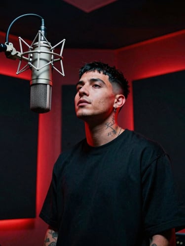 Low-angle heroic portrait of a Latin trap artist in a recording booth, dramatic neon red backlighting, matte black acoustic panels, professional condenser microphone, gritty urban photography.