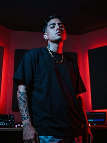 Low-angle heroic portrait of a Mexican trap artist in a dark recording booth, neon red backlighting, dramatic shadows, sharp highlights, gritty urban photography.
