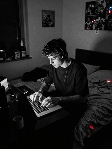 Gritty black and white documentary photo of a young producer making beats on a basic laptop in a small bedroom, raw street style, high-contrast shadows