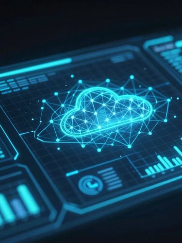 Sleek holographic dashboard displaying business analytics, cybersecurity grids, and cloud network nodes, glowing electric blue and cyan vector accents, dark obsidian background, cinematic 3D render