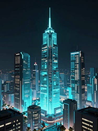 A wide cinematic environmental shot of a futuristic cyber city at night, with glowing cyan and electric blue digital grids overlaying sleek architectural structures, dark obsidian background, ultra-detailed 3D render.