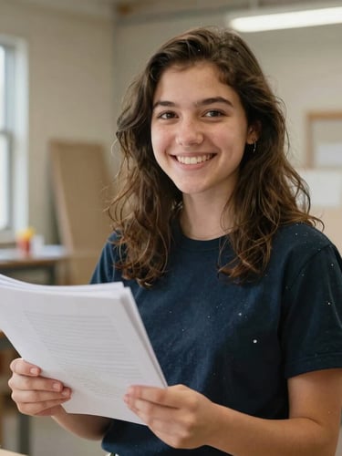 A hopeful portrait of an Indiana student in a bright, naturally lit workshop environment, holding a professional portfolio, shallow depth of field, warm tones, 35mm