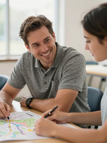 A hopeful portrait of an Indiana career coach and student reviewing a career map together in a bright, natural daylight room.