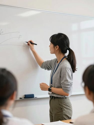 Medium shot, natural daylight, a focused student writing on a whiteboard during a workplace communication workshop, bright and hopeful, authentic editorial photography, 35mm.