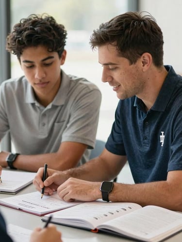 A warm, natural light photograph of an Indiana career coach and a student sitting together at a table, discussing a career roadmap with open notebooks, shallow depth of field, 35mm.