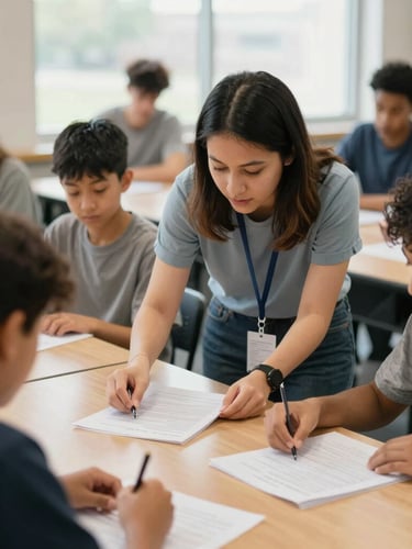A focused classroom workshop in Indianapolis with a mentor guiding diverse adult students over printed training materials, natural window light, warm hopeful tones, shallow depth of field