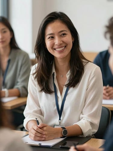 A candid medium shot of a diverse female career coach smiling warmly during an interview preparation session, natural daylight.