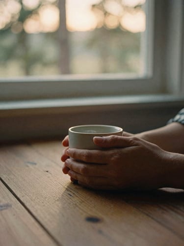 Warm editorial portrait of hands gently holding a ceramic mug on a wooden table, soft golden-hour window light filtering through Georgia pines in the background, intimate 35mm film aesthetic.