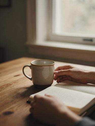 Soft diffused window light filtering onto a wooden table with a warm ceramic mug, hands holding a journal, earthy muted tones, 35mm film aesthetic