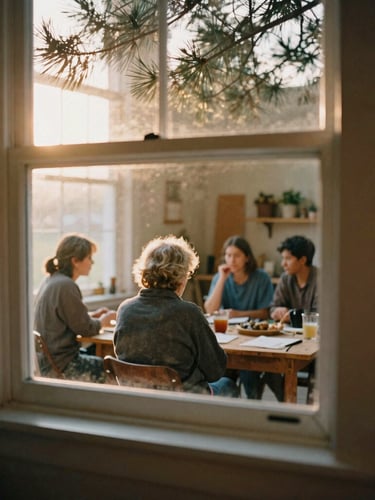 Warm editorial photography of a cozy workshop space in Georgia, soft golden-hour window light filtering through pine branches outside, unposed community members in quiet conversation in the background, 35mm film aesthetic.