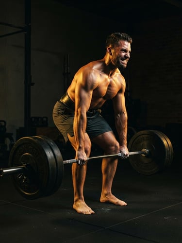 Wide portrait of a strong, confident man performing a heavy lift in a minimalist gym, dramatic low-key lighting with golden highlights, deep shadows, cinematic crop.
