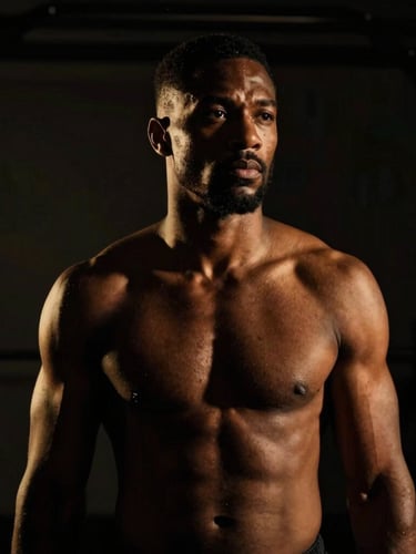 Portrait of a strong, confident black man in a minimalist gym, looking reflective, dramatic low-key lighting with warm golden highlights, cinematic crop.