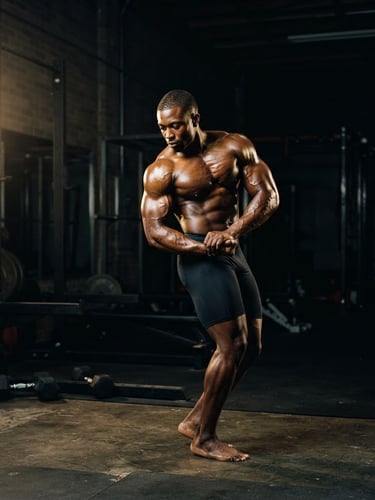 Dramatic portrait of a strong, confident black male natural bodybuilder, mid-pose, in a minimalist gym with chiaroscuro lighting and golden highlights, focused and reflective, muscular physique, wide shot showing gym space, cinematic 35mm film.