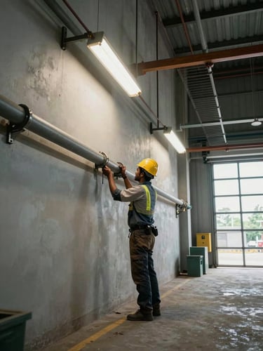 Wide environmental shot of a Jalandhar factory electrical job site — a licensed electrician running conduit along a high industrial wall, overhead fluorescent rigging, safety helmet visible, daylight through a large bay door