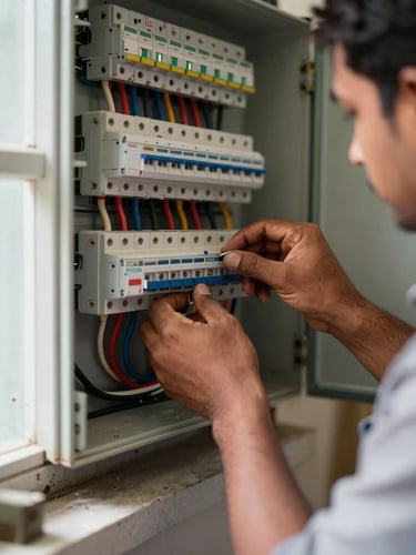 Close-up of a licensed electrician's hands installing MCB switches on a distribution board inside a Punjab residential site, natural daylight from a side window, tools and wiring visible in sharp focus