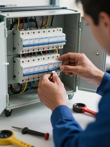 Close-up of a licensed electrician's hands installing MCB breakers into a distribution board, natural daylight from a nearby window illuminating the wiring and panel labels, tools laid out on a white surface below