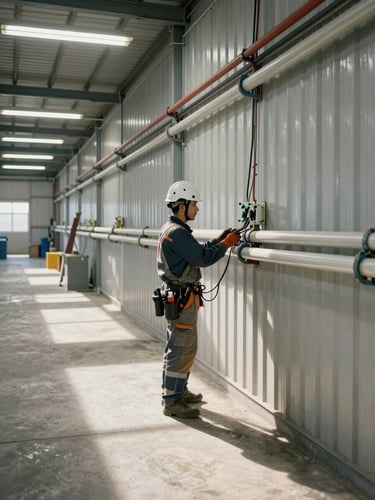 Wide environmental shot of a licensed electrician running conduit wiring through an industrial facility, overhead fluorescent lighting casting sharp shadows on concrete floors and metal panels, safety helmet visible