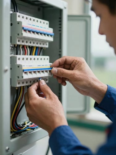 Close-up of a licensed electrician's hands installing MCB switches on a distribution board, natural daylight from a side window, wiring visible in foreground, industrial site background slightly out of focus
