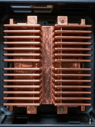 Symmetrical macro photograph of copper heat sinks inside a server chassis, dramatic industrial lighting, deep shadows, high-contrast matte metallic textures.