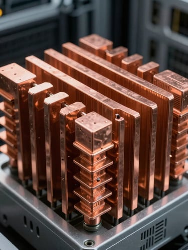 Extreme macro close-up of copper heat sinks and clean rows of server racks inside an industrial data center, dramatic high-contrast lighting.