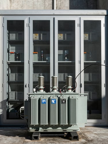 Symmetrical architectural perspective of a concrete data center exterior, heavy electrical transformers in the foreground, stark high-contrast industrial light, dramatic shadows