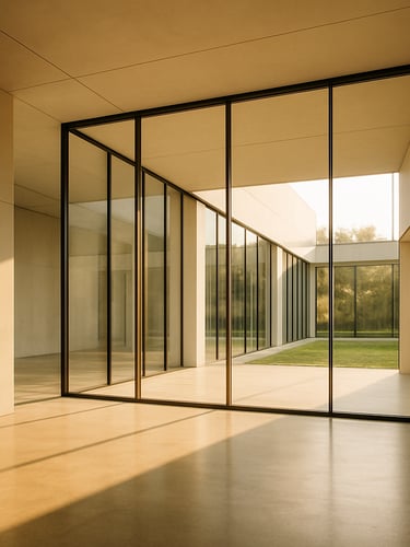 A sun-drenched modern architectural interior with high ceilings, polished concrete floors, and pristine minimalist glass walls, shot in warm morning light, 35mm lens.