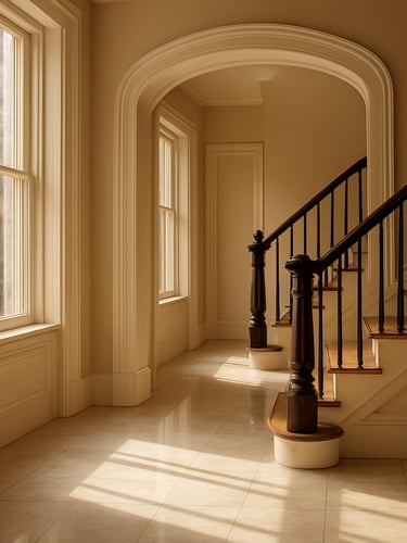 A bright, sun-drenched architectural interior of a Boston brownstone with polished marble floors, clean lines, soft morning light streaming through tall windows, warm editorial style, 35mm lens