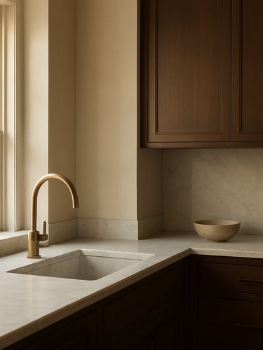 Warm editorial interior photography, soft natural morning light on honed marble surfaces and custom dark millwork, minimalist Boston townhouse aesthetic, 35mm lens.