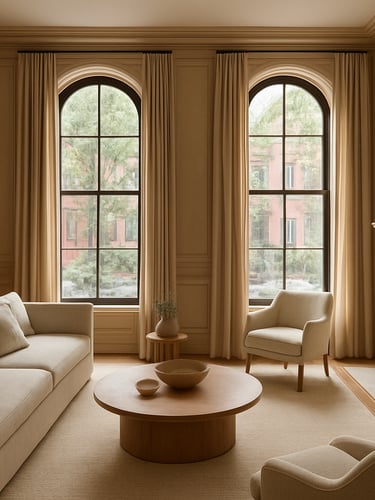 Wide-angle architectural interior photography of a sun-drenched Boston brownstone living room, towering windows, honed marble fireplace, custom millwork, soft natural morning light, 35mm lens.