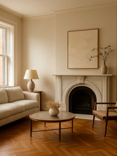 Warm editorial interior photography, soft natural window light reflecting on polished herringbone wood floors in a historic Boston brownstone, architectural digest style, 35mm lens
