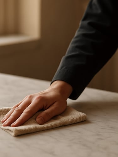 Close-up detail of a hand in a soft dark uniform cleaning a pristine honed marble countertop, soft natural side lighting, warm editorial style