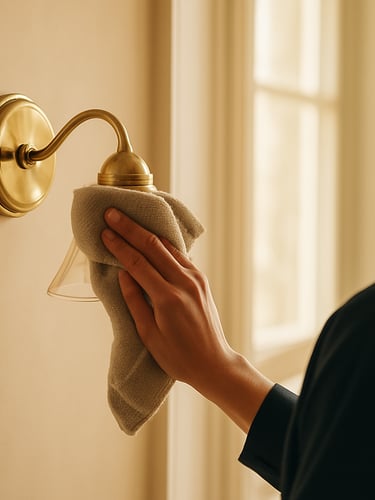 A close-up of a professional wearing a dark, minimal uniform dusting a polished brass fixture with a soft microfiber cloth, warm natural morning light