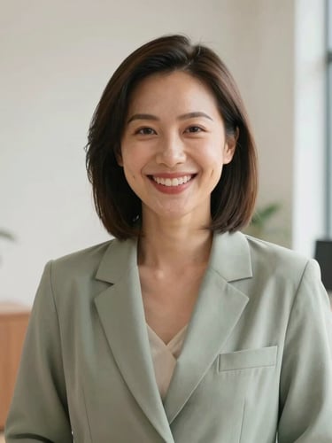 Warm portrait of a professional female nutritionist in a bright office, smiling warmly, wearing a soft sage blazer, natural lighting, editorial 35mm photography