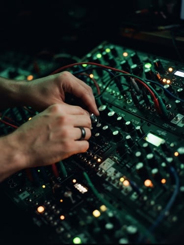 Tight shot of hands on a modular synthesizer, glowing LED indicators, shallow depth of field, atmospheric editorial photography, deep shadows with vibrant cyber-green accents.
