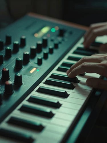 Close-up of hands adjusting knobs on a vintage synthesizer, glowing screen light, shallow depth of field, deep shadows with vibrant cyber-green accents.