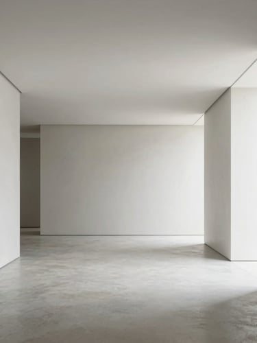 Minimalist modern apartment interior with high ceilings and bright daylight, clean architectural lines, pristine concrete floor, neutral cool tones, 35mm lens