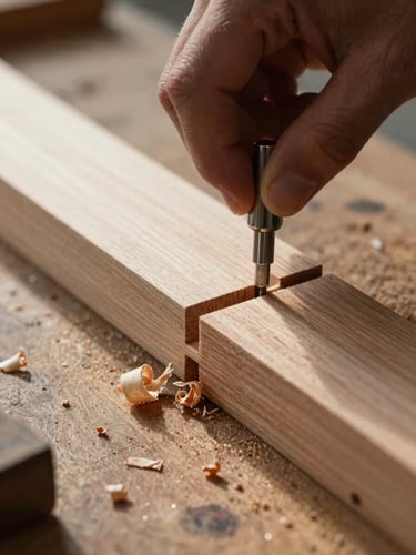 Tight overhead close-up of a mortise-and-tenon joint being fitted by hand on a workbench, natural north-facing daylight raking across the grain, wood shavings visible at the edge of the frame