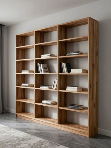 Wide environmental shot of a finished solid-ash shelving unit installed floor-to-ceiling in a calm residential room, cool north-facing daylight, books and objects sparsely placed, no people present, camera set back to show the full piece in context