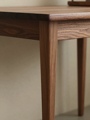 Close-up side view of a solid walnut console table leg and apron joint, tight dovetail visible, north-facing studio daylight raking across the grain, warm-neutral background out of focus