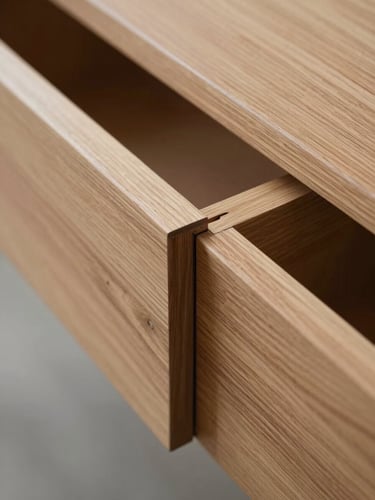 Close-up overhead shot of a hand-cut dovetail joint on a solid oak drawer front, cool diffused daylight from the left, wood grain and tool marks visible across the surface, no finish yet applied