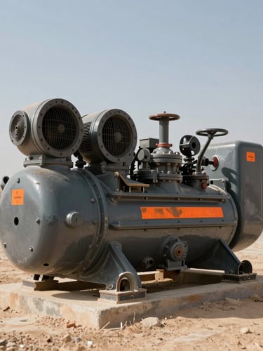 Low-angle shot of a heavy industrial air compressor parked on a dusty Saudi construction site under harsh, direct midday sun, high contrast, orange safety markings visible on the machinery.