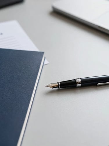 Close-up of signed contracts and a high-quality fountain pen on a clean slate grey desk, bright neutral daylight, minimalist corporate setup.