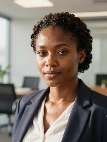 Close-up portrait of a confident West African professional woman in a modern bright office in Abidjan, warm natural sunlight, looking directly at the camera, highly professional.