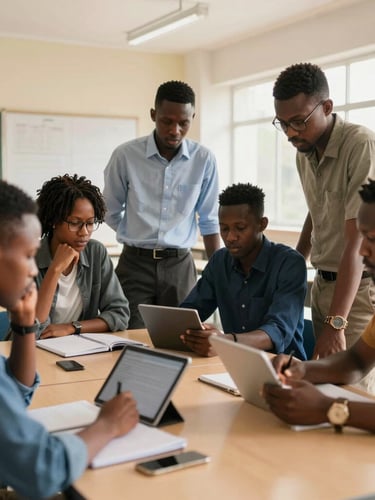 Wide shot of a modern brightly lit classroom in Abidjan, young West African professionals actively collaborating around a table with notebooks and tablets, warm natural daylight.