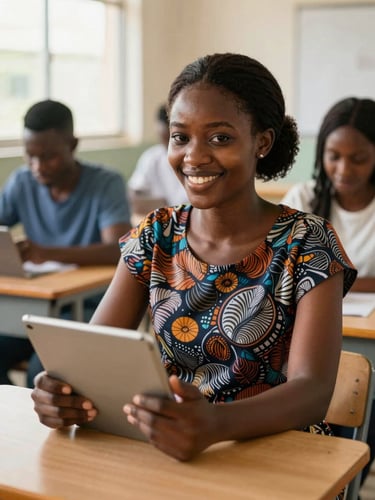 Portrait of a dynamic West African female student in a brightly lit modern classroom in Abidjan, smiling, holding a tablet, warm natural daylight.